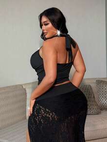 NU&NOW Plus Size Women's Black Summer Halter Camisole Top, Girlism Night Out Rave Club Outfits, High Stretch Asymmetric Decorative Buckle Sleeveless Cami - Black - View 2