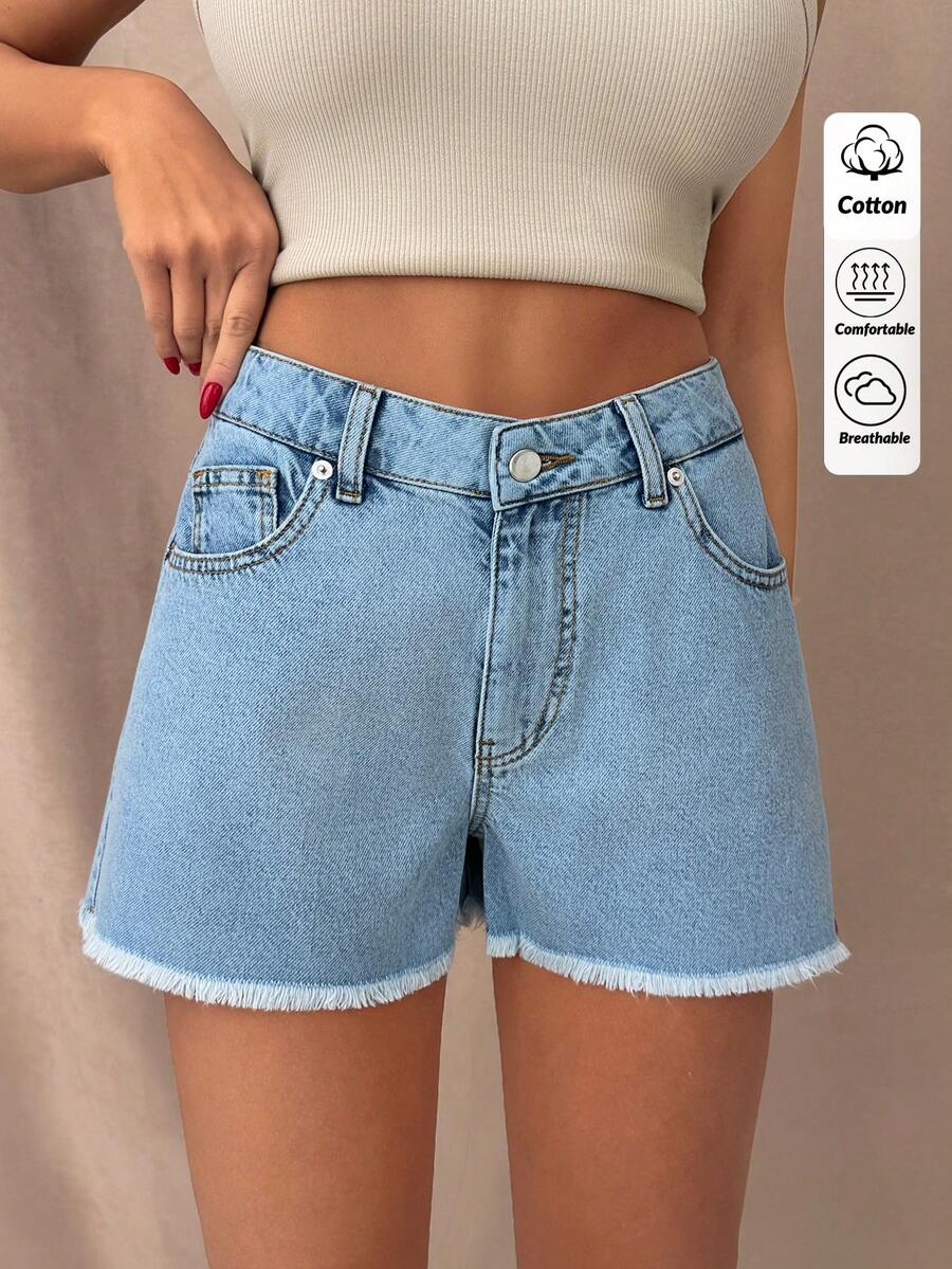 SHEIN Casual Washed Frayed Hem Denim Shorts, Summer Vacation Light Blue - Light Wash - View 1