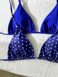 Swim Mod 新款2-4件套蓝色波点和纯蓝色纤维侧结高衩丁字比基尼泳衣，女士，沙滩度假 - 藍色 - 查看 6