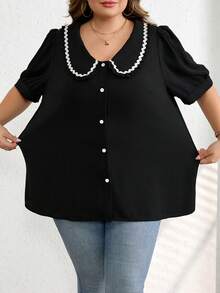 SHEIN CURVE+ Plus Size Women's Solid Color Simple Peter Pan Collar Blouse/2026 /New Year - Black - View 4