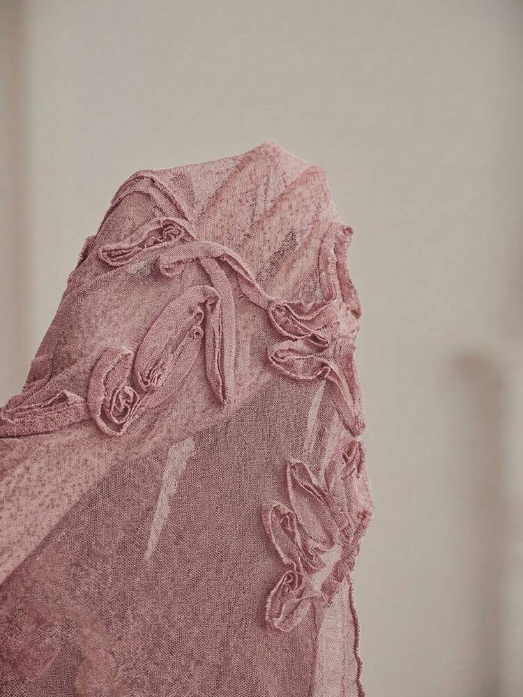 Elegant Pink Floral Lace Mock Neck Sheer Short Sleeve Blouse For Women