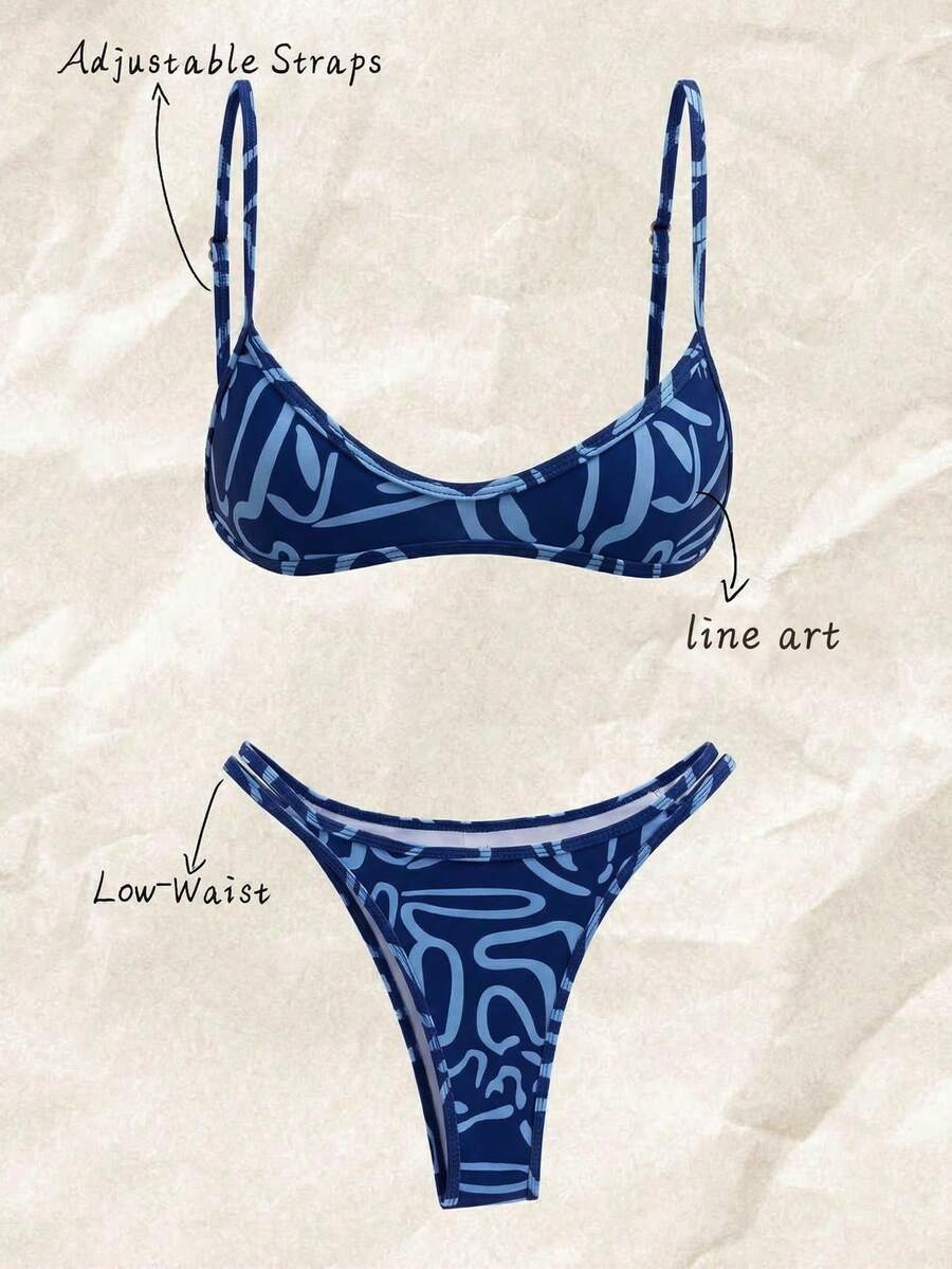 Swim Mod 2件套女士随机印花吊带性感比基尼套装，夏季 - 彩色 - 查看 1