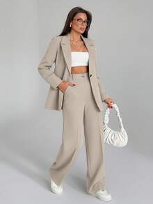 EURMUSE Bộ quần áo hai mảnh màu trơn dành cho nữ, gồm áo blazer và quần dài. - Màu be - Xem 4