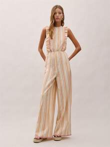 Nöista Striped Sleeveless Jumpsuit With Soft Ruffle Shoulders, Elastic Waist, And Wide-Leg Silhouette.Summer, Relaxed, Spring, Easter. - Yellow - View 1