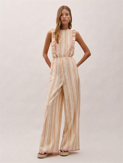 Nöista Striped Sleeveless Jumpsuit With Soft Ruffle Shoulders, Elastic Waist, And Wide-Leg Silhouette.Summer, Relaxed, Spring, Easter.