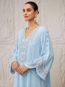 Al Najma Women's Floral Embroidery V-Neck Button Design Long Sleeve Loose Arabic Dress - Baby Blue - View 3