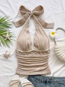 Soleia Women's Starfish Trim Textured Pleated Halter Neck Tank Top Seashell Swimsuit Ruched Swimsuit Halter Top Bathing Suit Boho Swimsuit Beige Swimsuit - Apricot - View 3