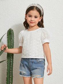 Emery Rose Kids Emery Rose Kids 女童纯色梭织泡泡袖镂空休闲衬衫 - 白色 - 查看 3