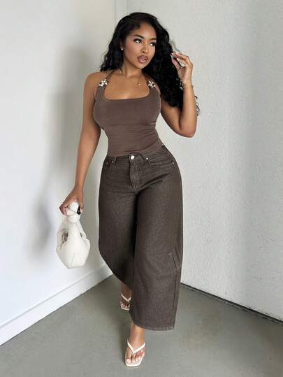 Alexandranx Camiseta ajustada de tirantes con cuello de halter y detalles de cuentas, para vacaciones de mujer