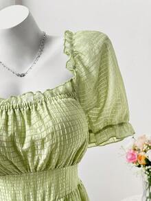 Sweetra Casual Hollow-Out Square Neck Long Cake Dress For Ladies - Green - View 6