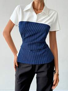 SHEIN 女士条纹拼接修身休闲日常短袖衬衫 - 藏蓝色 - 查看 3