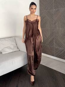 Marta Soriano Women's Solid Color Minimalist Lace Patchwork Camisole Top, Everyday Wear - Coffee Brown - View 6