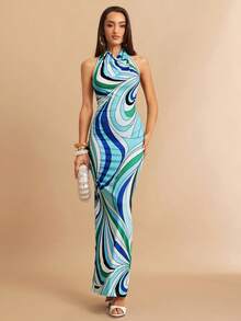 Silquee 女士无袖彩色条纹连衣裙，春夏款 - 藍色 - 查看 5