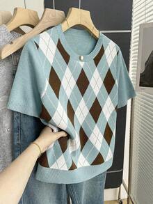 Franclia New Arrival Spring/Summer Retro College Style Colorblock Plaid Knit Pullover Sweater For Women - Baby Blue - View 8