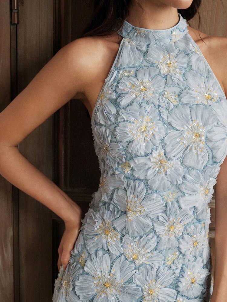 Women's Summer Outfit Romantic Beach Heavy Craft Jacquard Beaded Tassel Patchwork Asymmetrical Halter Neck Light Blue Dress, Suitable For Vacation, Party, Beach Party, Beach Outfit, Vacation