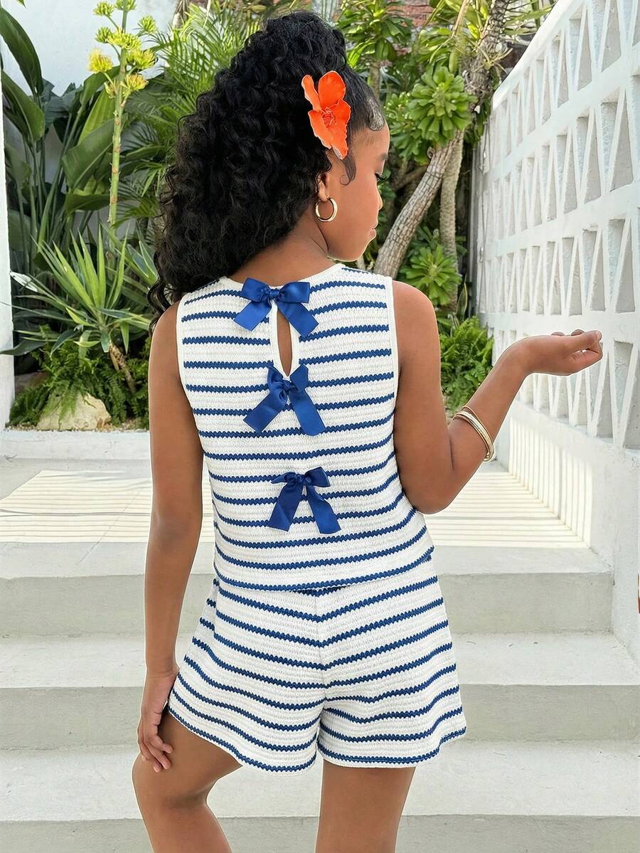 Tween Girl Spring/Summer New Knit Minimalist Striped Sleeveless Top With Bow Decor And Shorts 2-Piece Set Summer Two Piece Set For Teen Girls Women 2 Piece Sets Summer Romper For Teen Girls Tween Girl Clothes Romper Mommy And Me Romper - Blue - View 1