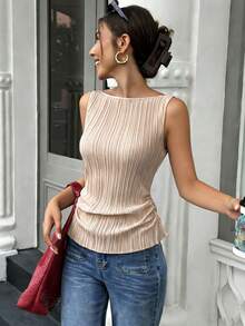 Elenzga 标准尺码 女士春夏宽领无袖褶皱面料收腰优雅衬衫 - 香檳色 - 查看 1