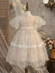 Young Girl Elegant Floral Print Mesh Short Sleeve Dress - Apricot - View 10
