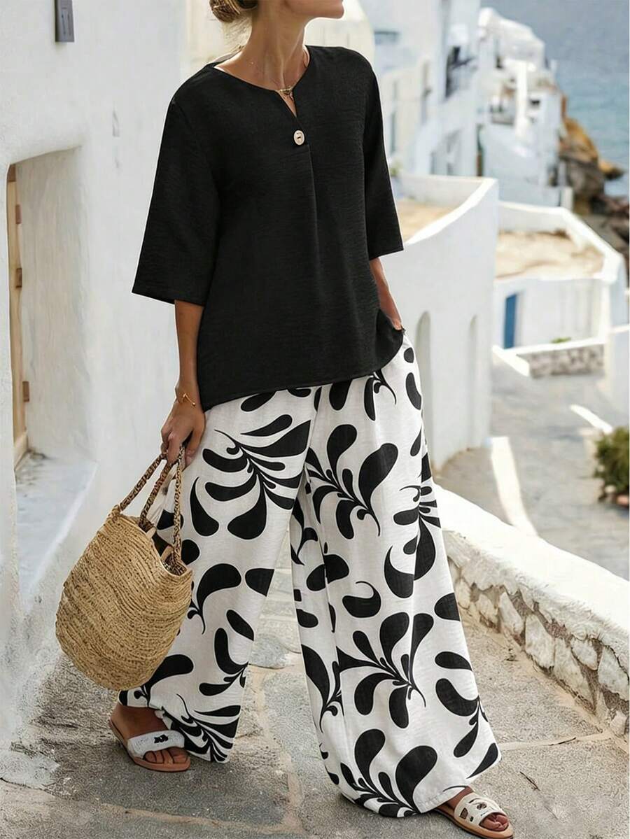 EMERY ROSE Plus Size Women's 2-Piece Set,Black And White Printed Wide Leg Pallazo Pants & V-Neck Cotton Linen-Like Shirt,Summer Casual Elegant Vacation Holiday - Black - View 1