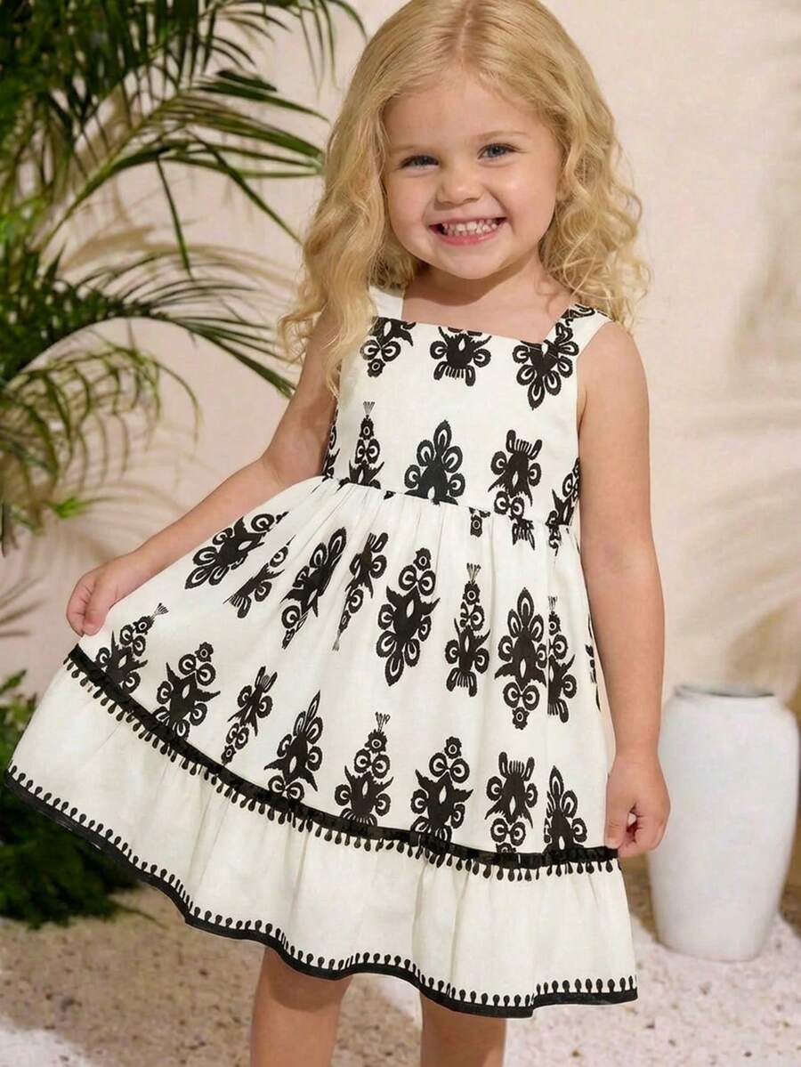 SHEIN Baby Girl Cute Floral Print Sleeveless Dress, Summer - Apricot - View 1