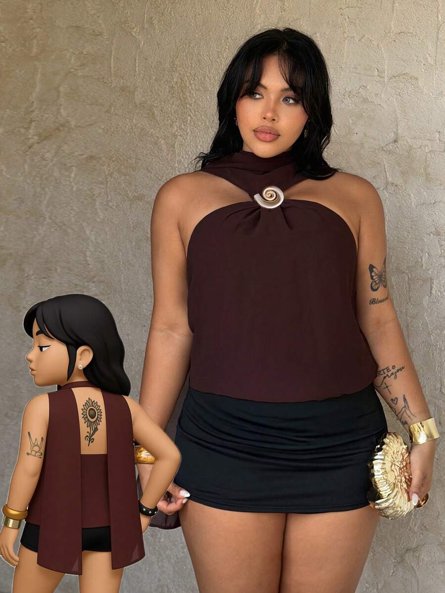 Rustia 大码女式法式度假复古棕色雪纺吊带背心，露背设计，领口系带，不规则金属扣，修身吊带衫，外套，度假吊带上衣，优雅上衣，适合日常出行、返校季、度假、音乐节、春夏吊带衫、春夏女装 + 科切拉音乐节/音乐节/派对 - 棕色 - 查看 1