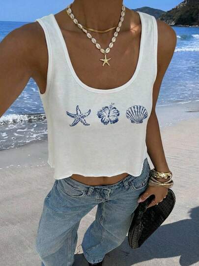 Veykashi 大码女式休闲宽松U领花卉贝壳印花露脐背心，适合外出、海滩、婚礼、生日、度假、派对等场合，时尚百搭。