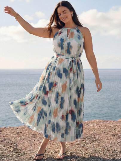 Juhart Damen Große Größen Urlaub Batik-Ärmellos Neckholder Kleid