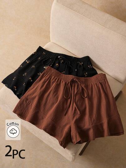 Elaquor Plus Size Summer Casual Solid Color & Ditsy Floral Shorts Spring/Summer Casual Vacation Going Out Short For Women