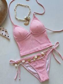 Swim Mod Elegant Vacation Sweet Women's Spaghetti Strap Bikini Set With Pink & White Fabric, Pearl & Seashell Decorations, Wireless - Pink - View 6