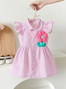 SHEIN Vintaside Kids 1件女婴翻领娃娃连衣裙，短袖纽扣荷叶袖吊带短裙，高腰宽松条纹3D花卉印花时尚百搭可爱甜美休闲户外旅行夏季新款 - 粉色 - 查看 5