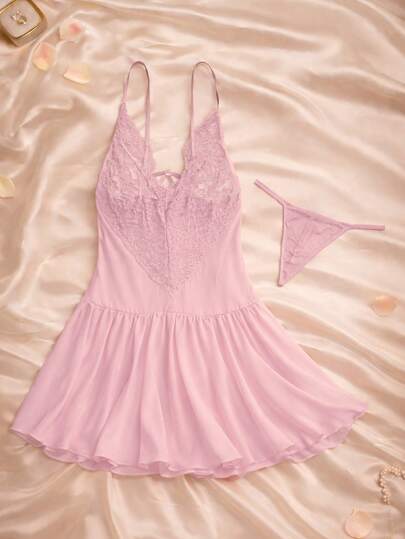 Conjunto de pijama sexy de dos piezas para mujer, talla única, color sólido, encaje en contraste, diseño de corte frontal, con aplicación en brillos ,tanga, comodidad, pijama.