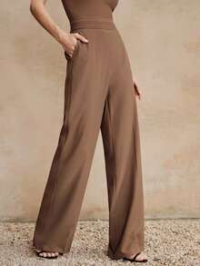 Anewsta Women's Casual Straight Leg Pants With Front Waist Stripes, Side Pockets, Side Zipper, Elastic Waist, Suitable For Commuting - Coffee Brown - View 4