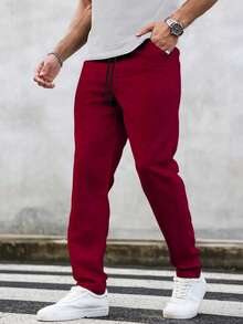 Manfinity Homme Pantalones casuales de hombre con cordón en la cintura y unicolor - Rojo - Ver 4