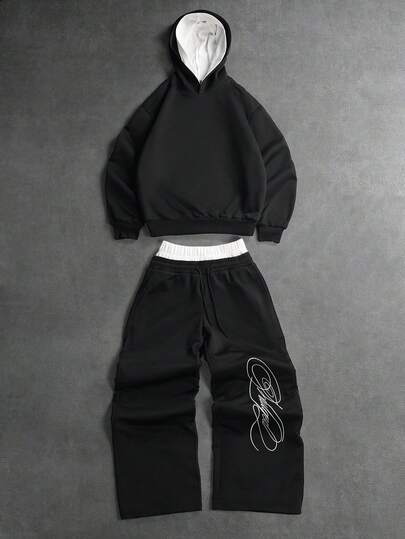 PAVTROS 男士连帽长袖卫衣搭配抽绳长裤休闲套装