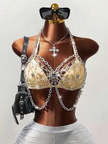 Mistrie Women's Music Festival Camisole Top 2 Pieces Set, Women's Camisole Top, Women's Music Festival Chain Camisole Top,Summer,  Graduation ,Party Outfit  , Beach Outfits  , Y2K , Sequin , Rhinestone Embellished Shiny, Suitable For Bar Party, Carnival, Club Wear - Gold - View 6