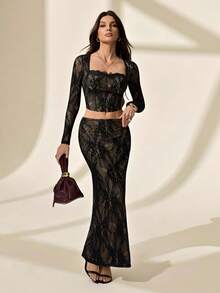 SHEIN Tall Women's New Party Date Evening Sexy Lace Long Sleeve Breast Cup Fishbone Square Neck Tight Black Top And Skirt Prom Dress, Carnival Costume Festival,Elegant Party - Black - View 2