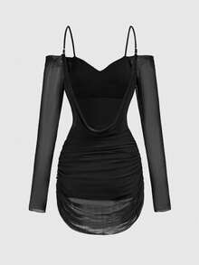 Menodora SHEIN Sport Trang phục khiêu vũ Latin tay dài, màu trơn, hở vai, xếp ly dành cho nữ - màu đen - Xem 2