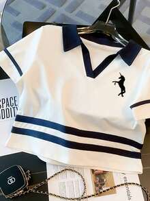 Franclia Conjunto de top de manga raglán con cuello polo + pantalones cortos casuales - Blanco - Ver 5