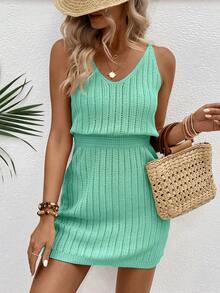 EMERY ROSE Fashionable Versatile Hollow Crochet V-Neck Women Sweater Dress - Mint Green - View 3
