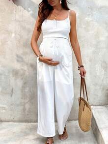 SHEIN Maternity Solid Color Tie-Waist Wide Leg Loose Casual Pants White Wide Leg Pants Women Loose Pants For Women White Beach Pants White Pant White Linen Pants Women - White - View 5