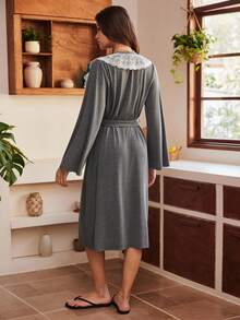 Lullawish Bohemian Style Lace Patchwork Knit Fabric Contrast Color Mid-Length Women Robe Long Sleeve Nightgown Momo Dress Night Gown Sleepwear Dress Nightgown And Robe Set Lingerie Robe Set Ruffle Robe Women's Robe Gowns Sleepwear For Women Lounge Wear Dress Women's Spring Dress Robes For Women Lounge Robe Ruffle Lounge Dress Women's Robe Gown Sleepwear For Women Pajama Dress For Women - Grey - View 2