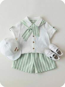 SHEIN 幼儿男童休闲校园风条纹斗篷拼接二合一短袖衬衫和条纹短裤套装 - 薄荷綠 - 查看 4