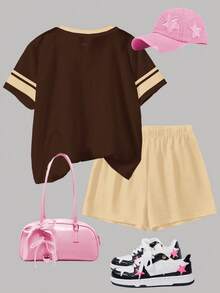 卡其色，时尚街头风针织衫，95号图案，少女休闲简约短袖圆领T恤和短裤两件套，适合夏季和秋季穿着，舒适透气，适合秋季儿童叠穿，时尚童装，休闲服饰，儿童图案服装，返校季，秋季服装，返校节，适合户外野餐、街头摄影、居家和校园穿着。 - 彩色 - 查看 2