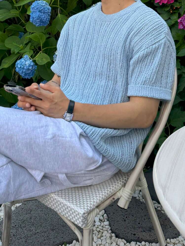 Men's Blue Round Neck Knit Short Sleeve Top, Summer