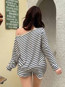 K-Vae Women's Casual Striped 2-Piece Set, Loose Long Sleeve Asymmetrical Shoulder Top + Drawstring Shorts, Lazy Loungewear Outfit - Multicolor - View 2