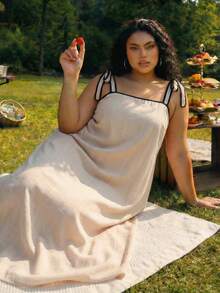 SHEIN CURVE+ Đầm nữ dáng ôm US22, thích hợp cho lễ hội âm nhạc, kỳ nghỉ biển, phong cách Bohemia, kiểu dáng thường ngày, dây đeo mảnh, phối viền tương phản, thích hợp đi biển. - Màu be - Xem 8