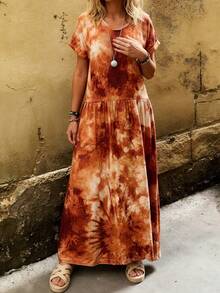 Linavere Women's Tie-Dye Round Neck Short Sleeve Casual Loose Dress - Multicolor - View 4
