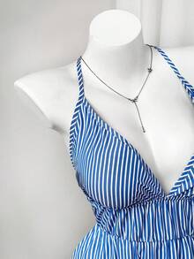Rustia Plus Size Women Striped Print Halter Backless Casual Vacation Dress - Blue - View 3