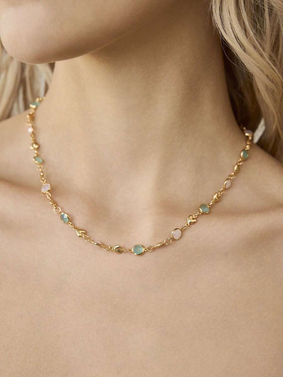 MOTF PREMIUM Dây chuyền vàng PRE GOLD LOVE tinh tế, đính đá màu hồng xanh, nhỏ nhắn, tươi mới. - Nhiều màu - Xem 2
