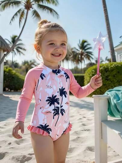 Baby Girl Palm Tree & Flamingo Print Raglan Sleeve Fitted Romper Swimsuit